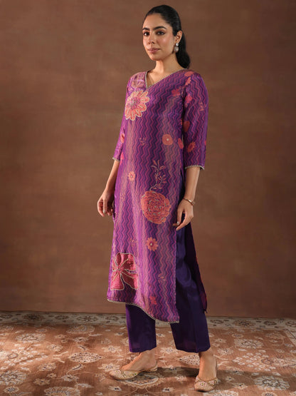 Libas Purple Printed Silk Blend Straight Suit With Dupatta
