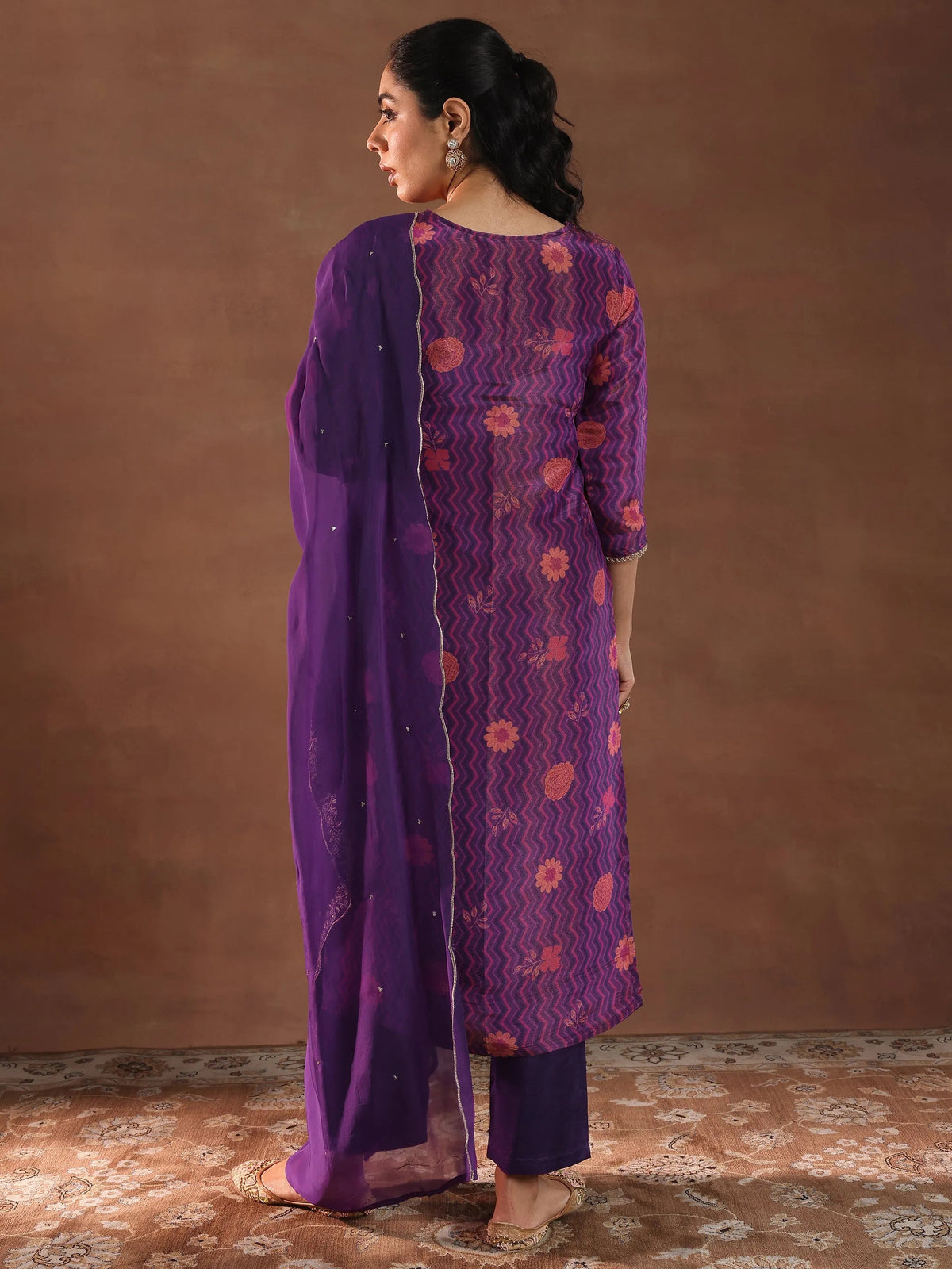 Libas Purple Printed Silk Blend Straight Suit With Dupatta