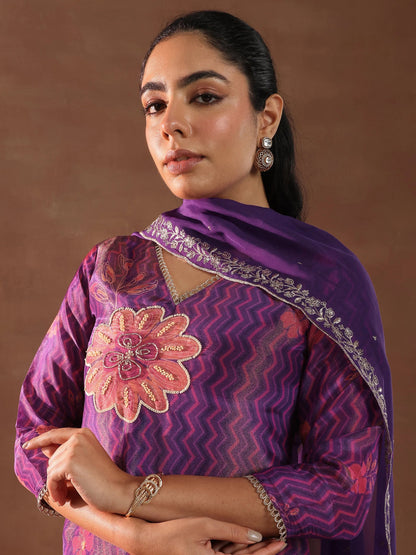 Libas Purple Printed Silk Blend Straight Suit With Dupatta
