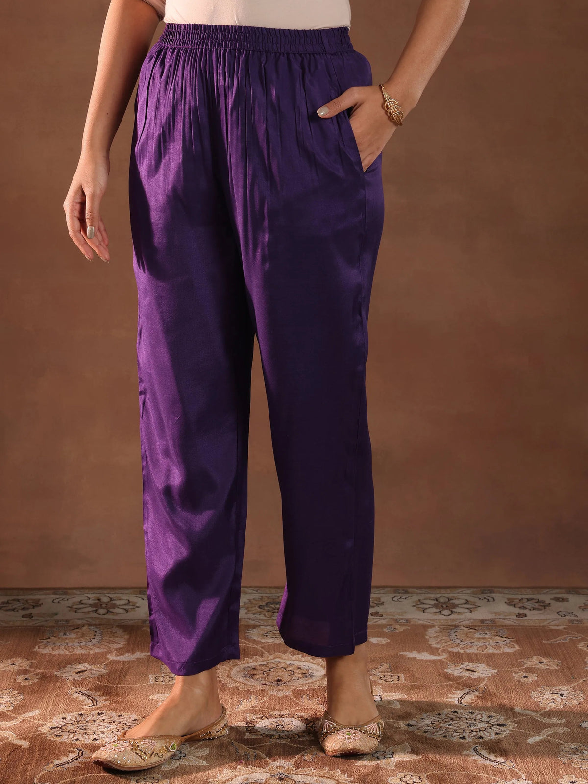 Libas Purple Printed Silk Blend Straight Suit With Dupatta