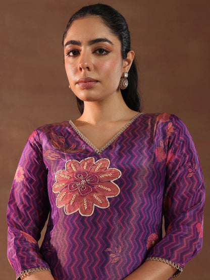 Libas Purple Printed Silk Blend Straight Suit With Dupatta