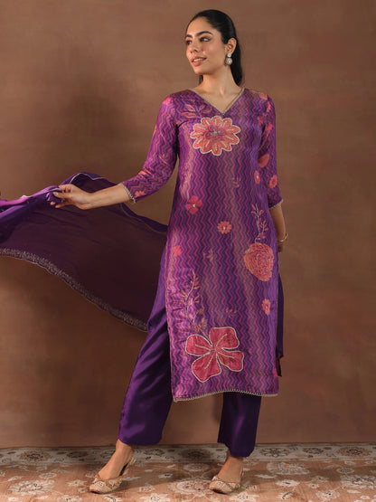 Libas Purple Printed Silk Blend Straight Suit With Dupatta