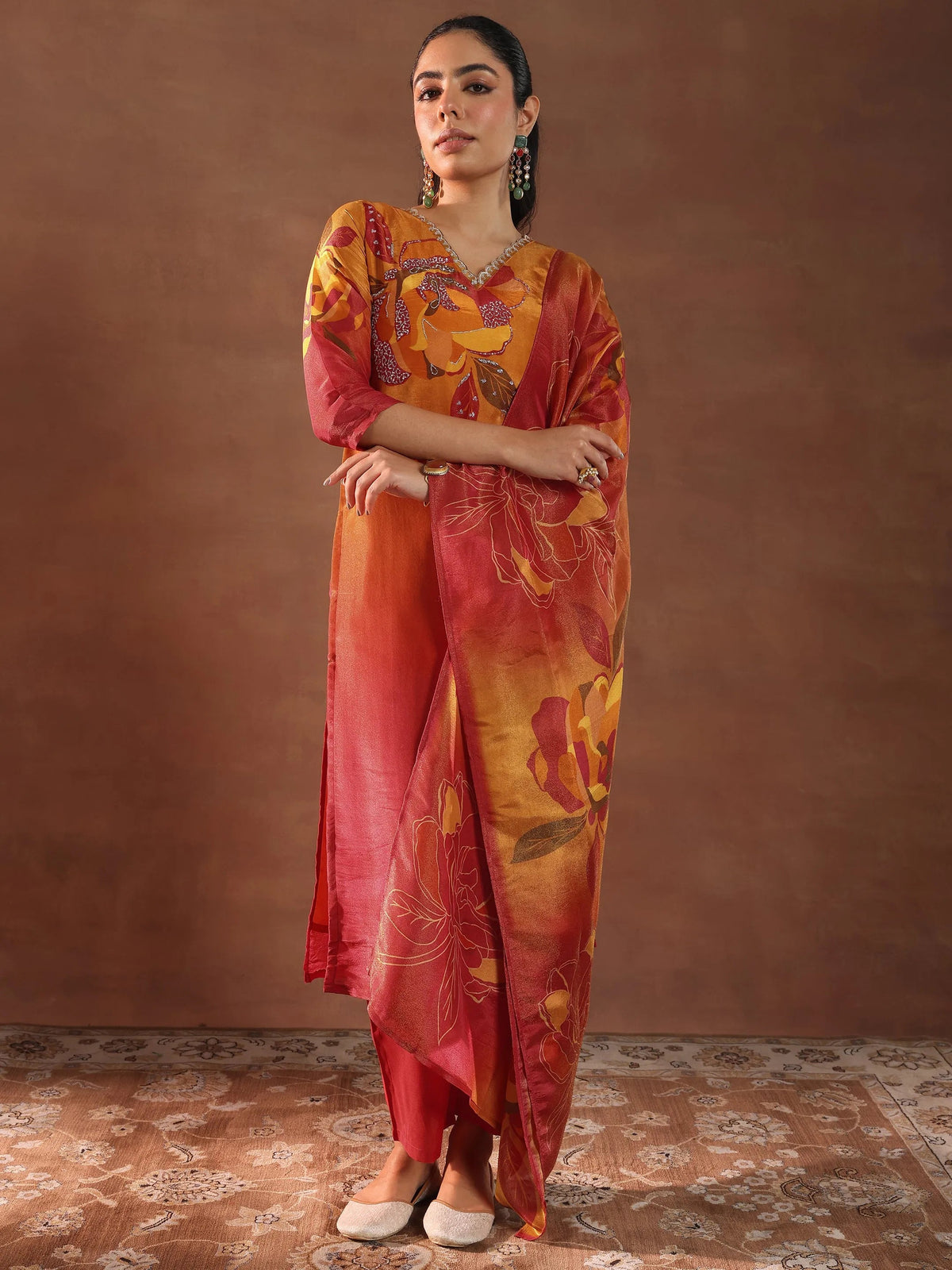 Libas Orange Printed Silk Blend Straight Suit With Dupatta