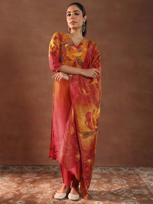 Libas Orange Printed Silk Blend Straight Suit With Dupatta