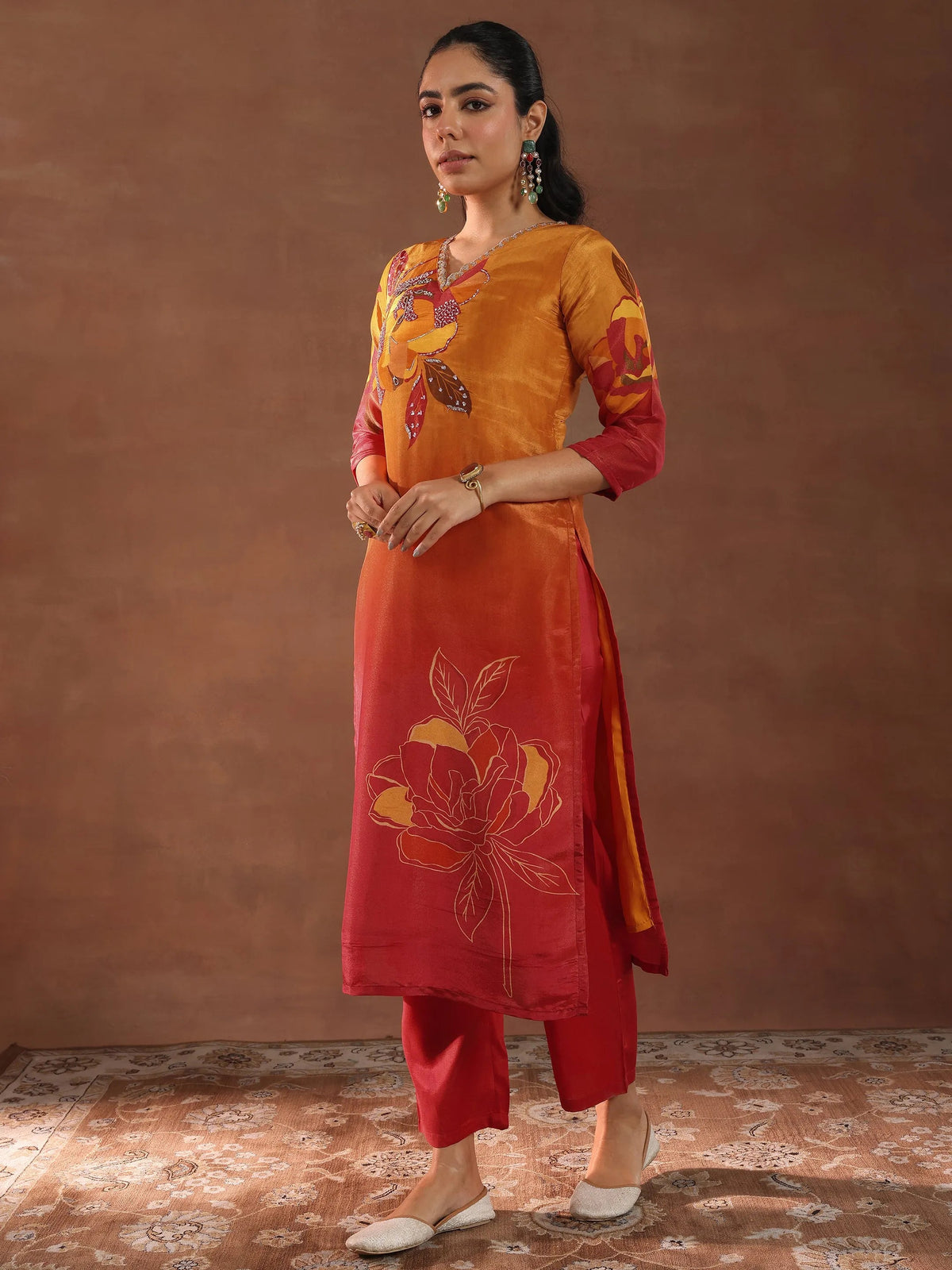 Libas Orange Printed Silk Blend Straight Suit With Dupatta