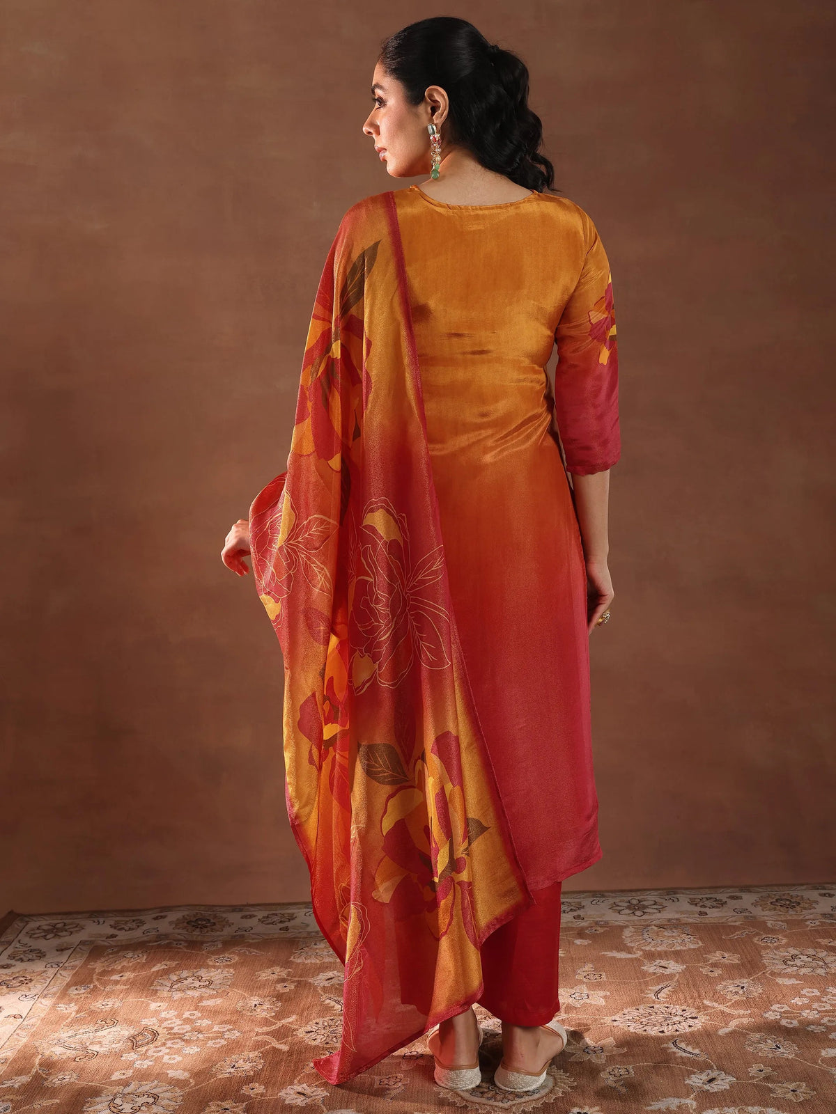 Libas Orange Printed Silk Blend Straight Suit With Dupatta