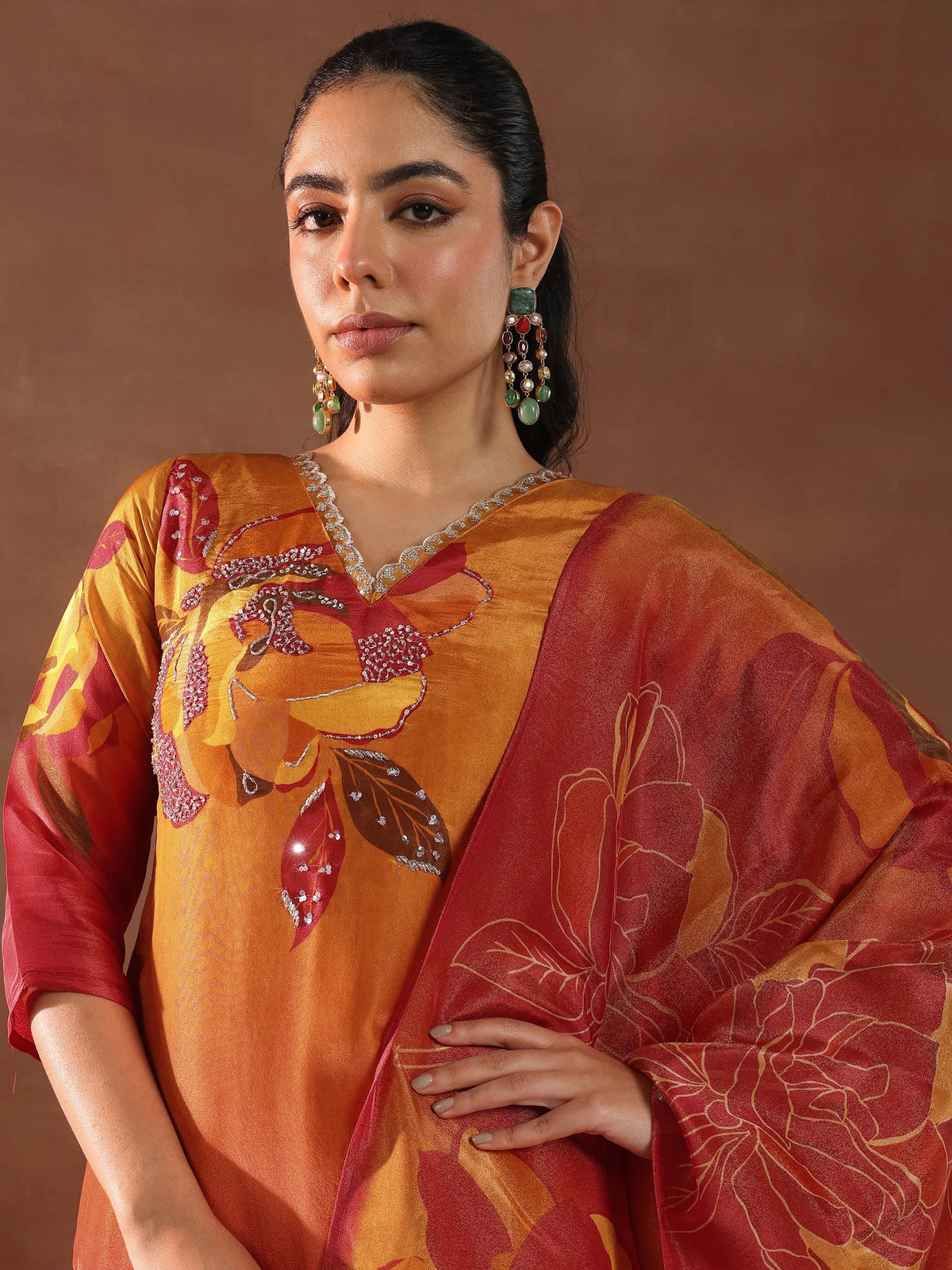 Libas Orange Printed Silk Blend Straight Suit With Dupatta