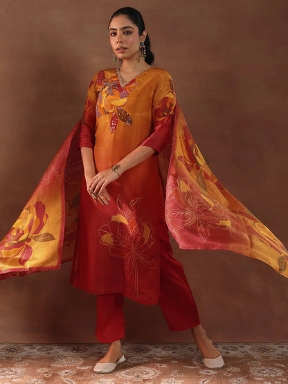Libas Orange Printed Silk Blend Straight Suit With Dupatta