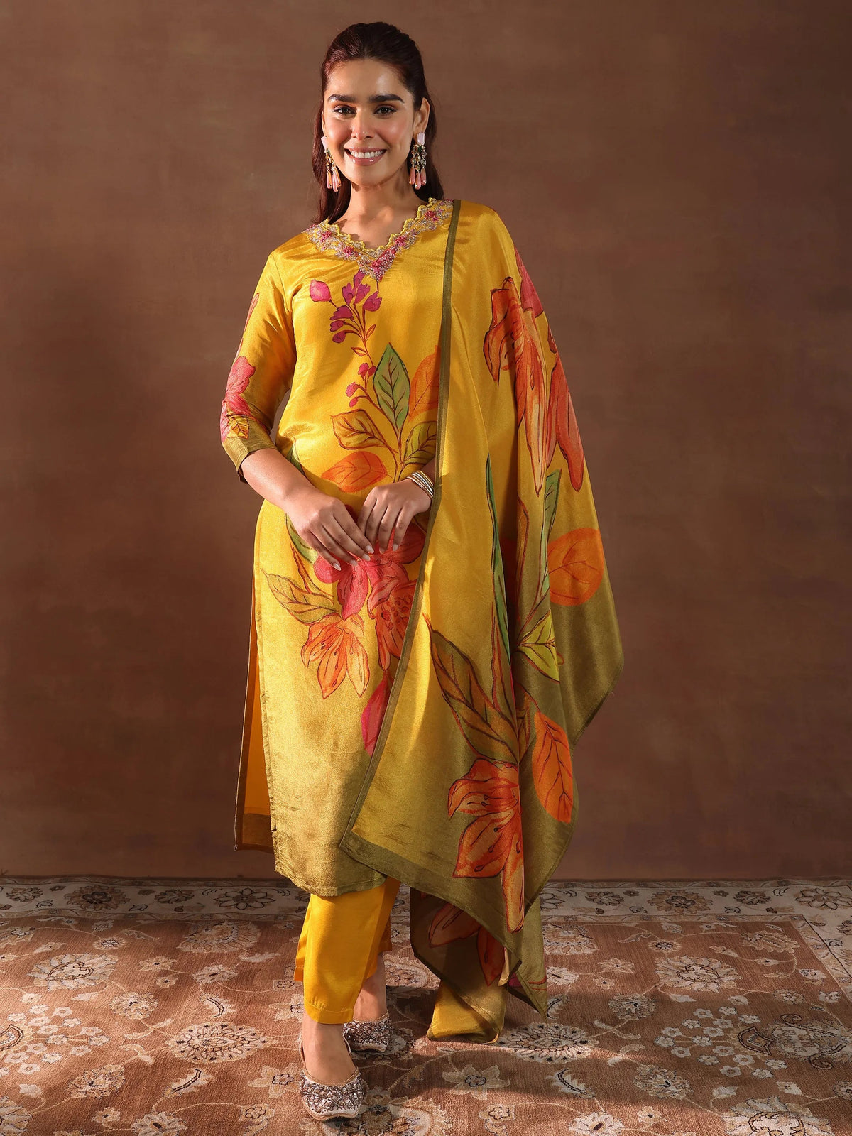 Libas Mustard Printed Silk Blend Straight Suit With Dupatta