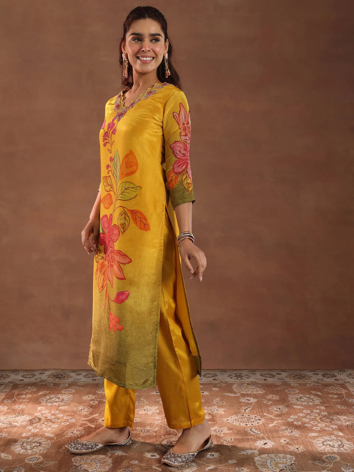 Libas Mustard Printed Silk Blend Straight Suit With Dupatta
