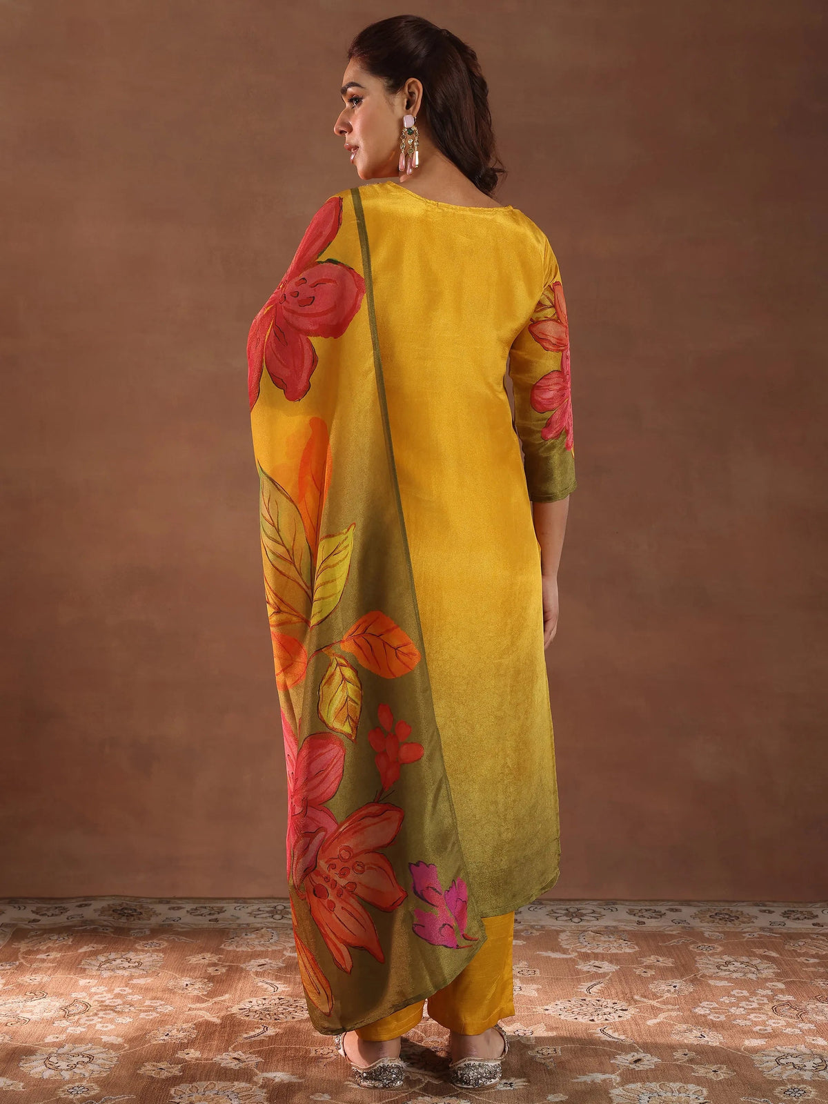 Libas Mustard Printed Silk Blend Straight Suit With Dupatta