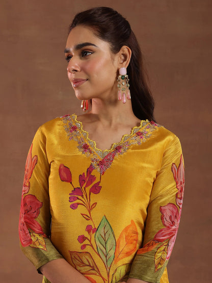 Libas Mustard Printed Silk Blend Straight Suit With Dupatta