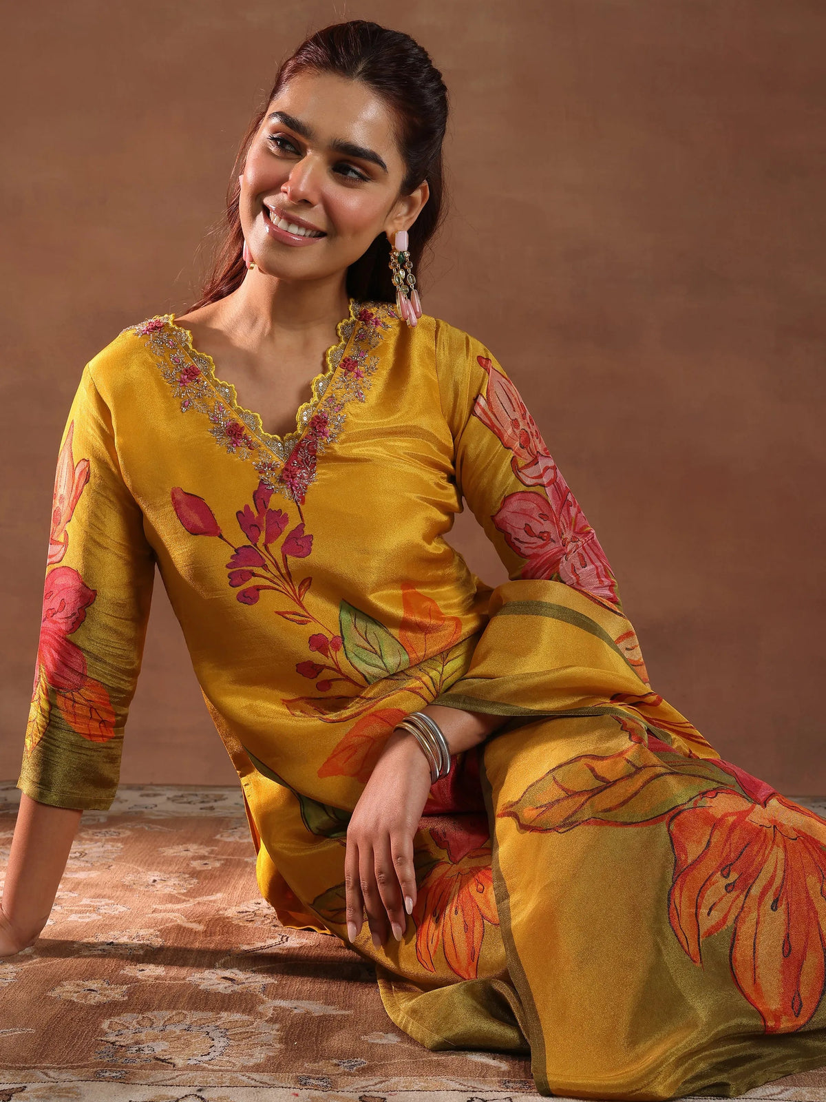 Libas Mustard Printed Silk Blend Straight Suit With Dupatta