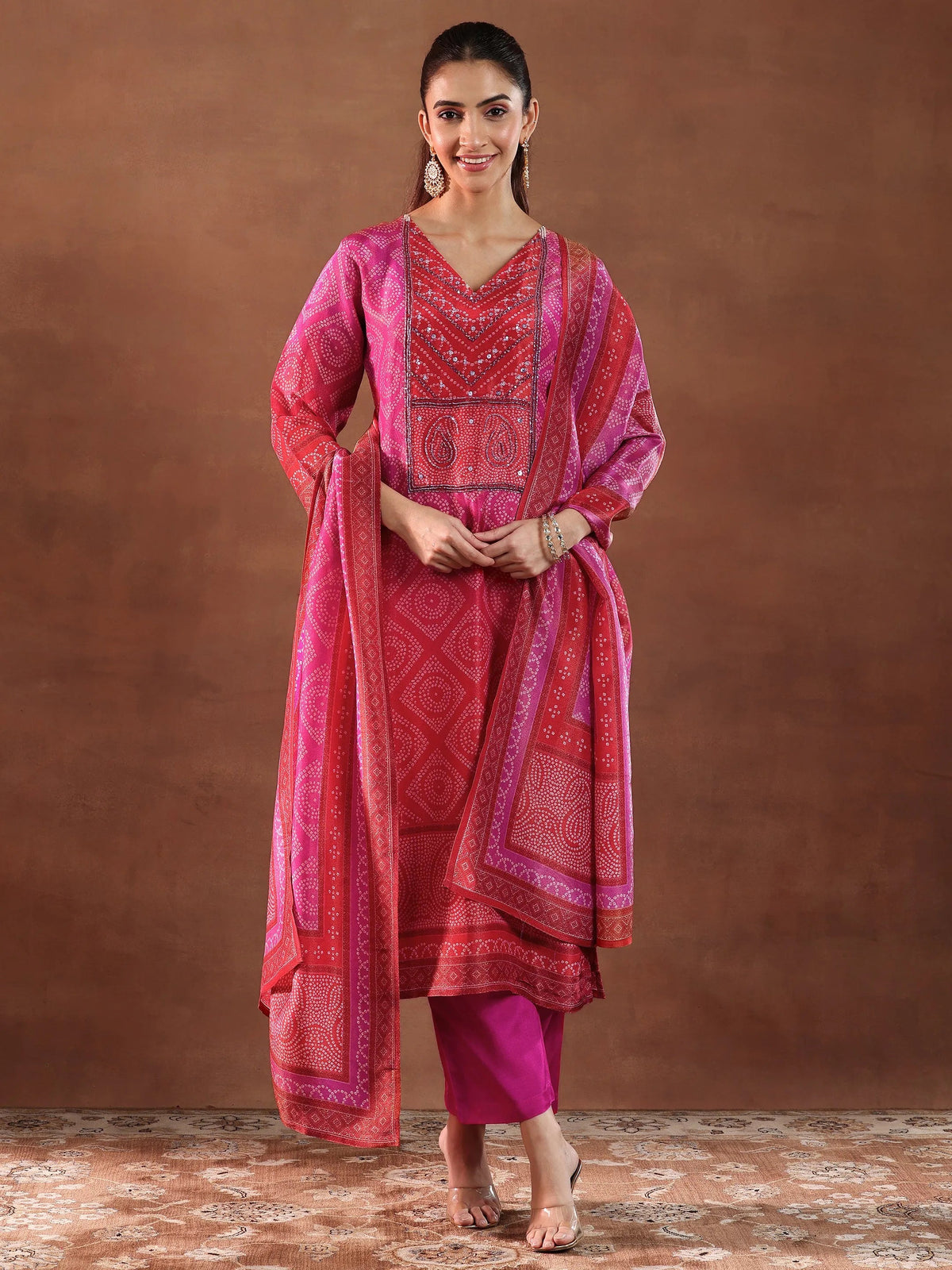 Libas Pink Printed Silk Blend Straight Suit With Dupatta