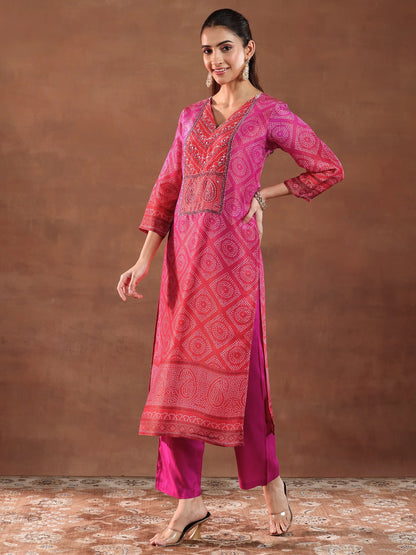 Libas Pink Printed Silk Blend Straight Suit With Dupatta
