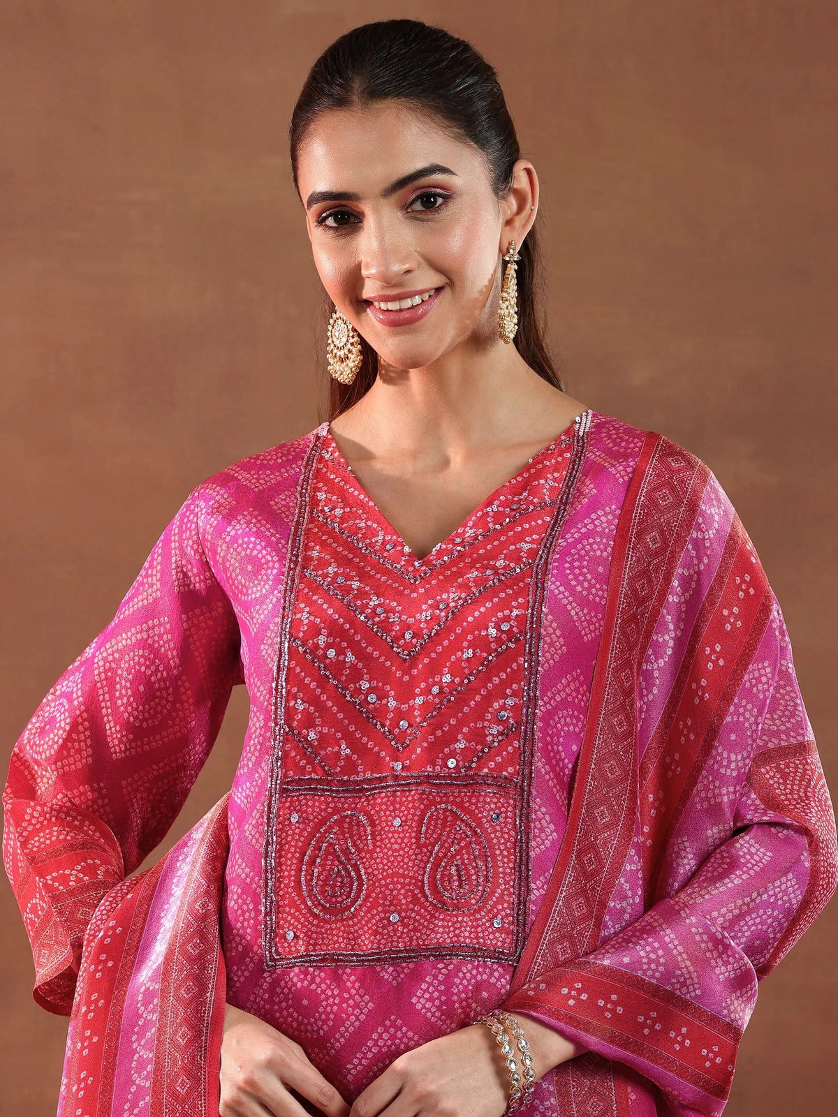 Libas Pink Printed Silk Blend Straight Suit With Dupatta