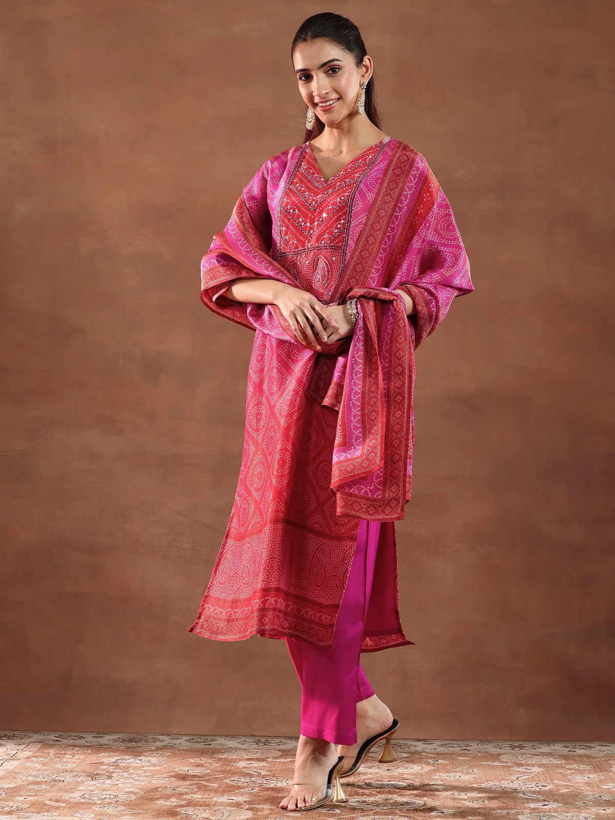 Libas Pink Printed Silk Blend Straight Suit With Dupatta