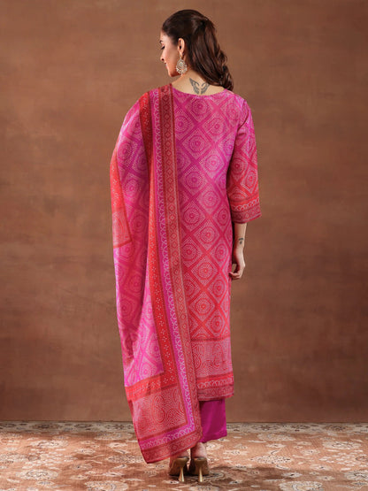 Libas Pink Printed Silk Blend Straight Suit With Dupatta