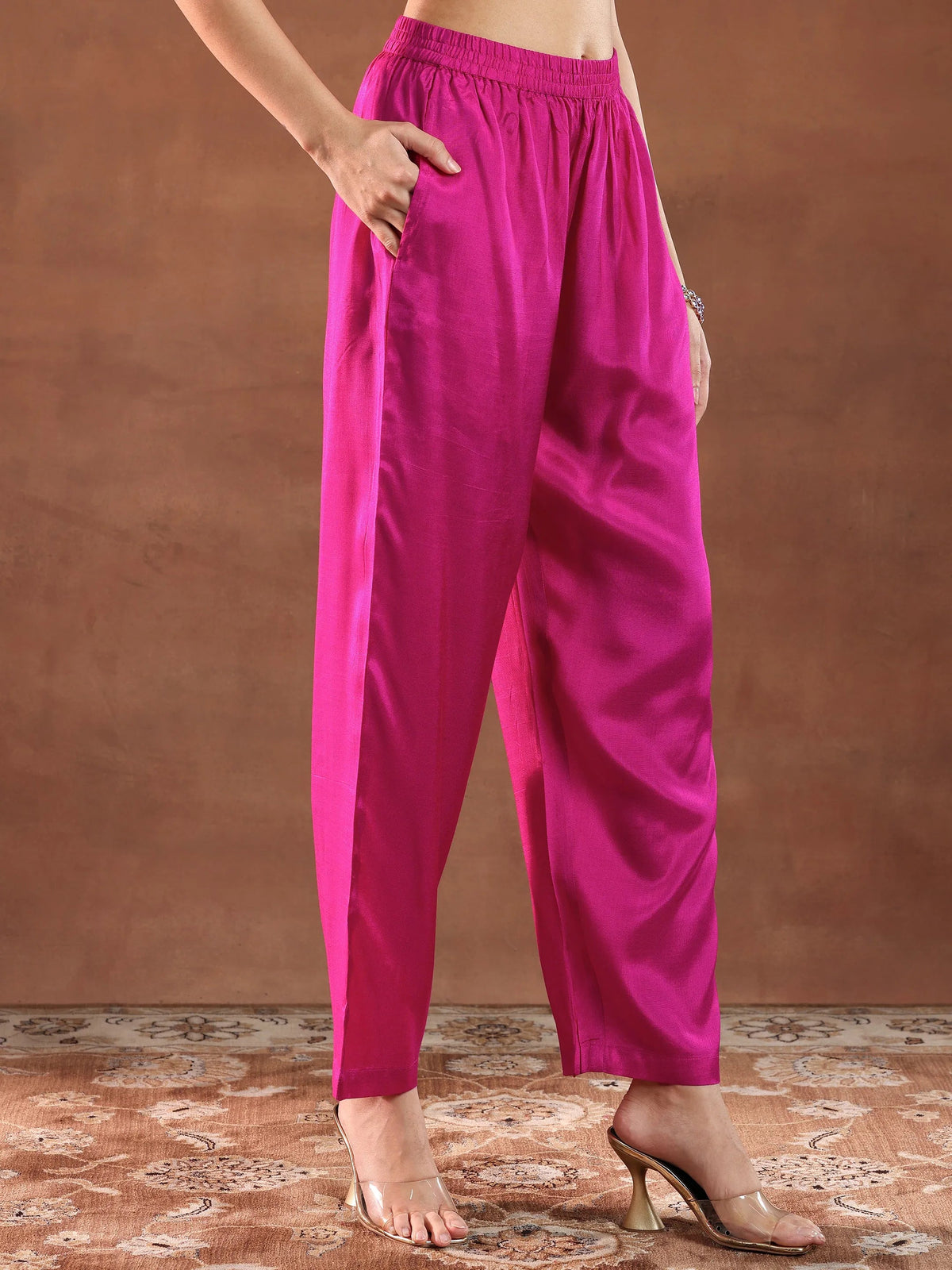 Libas Pink Printed Silk Blend Straight Suit With Dupatta