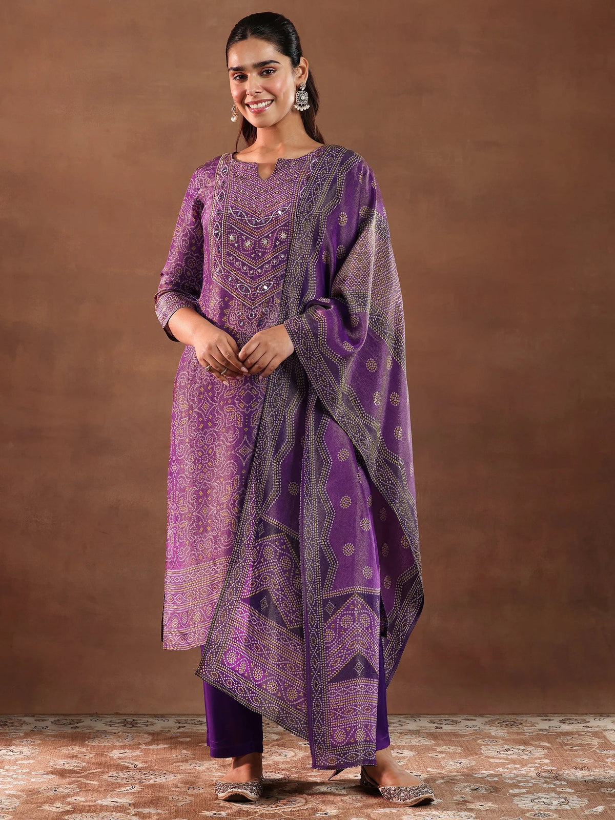 Libas Purple Printed Silk Blend Straight Suit With Dupatta