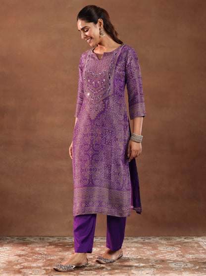 Libas Purple Printed Silk Blend Straight Suit With Dupatta