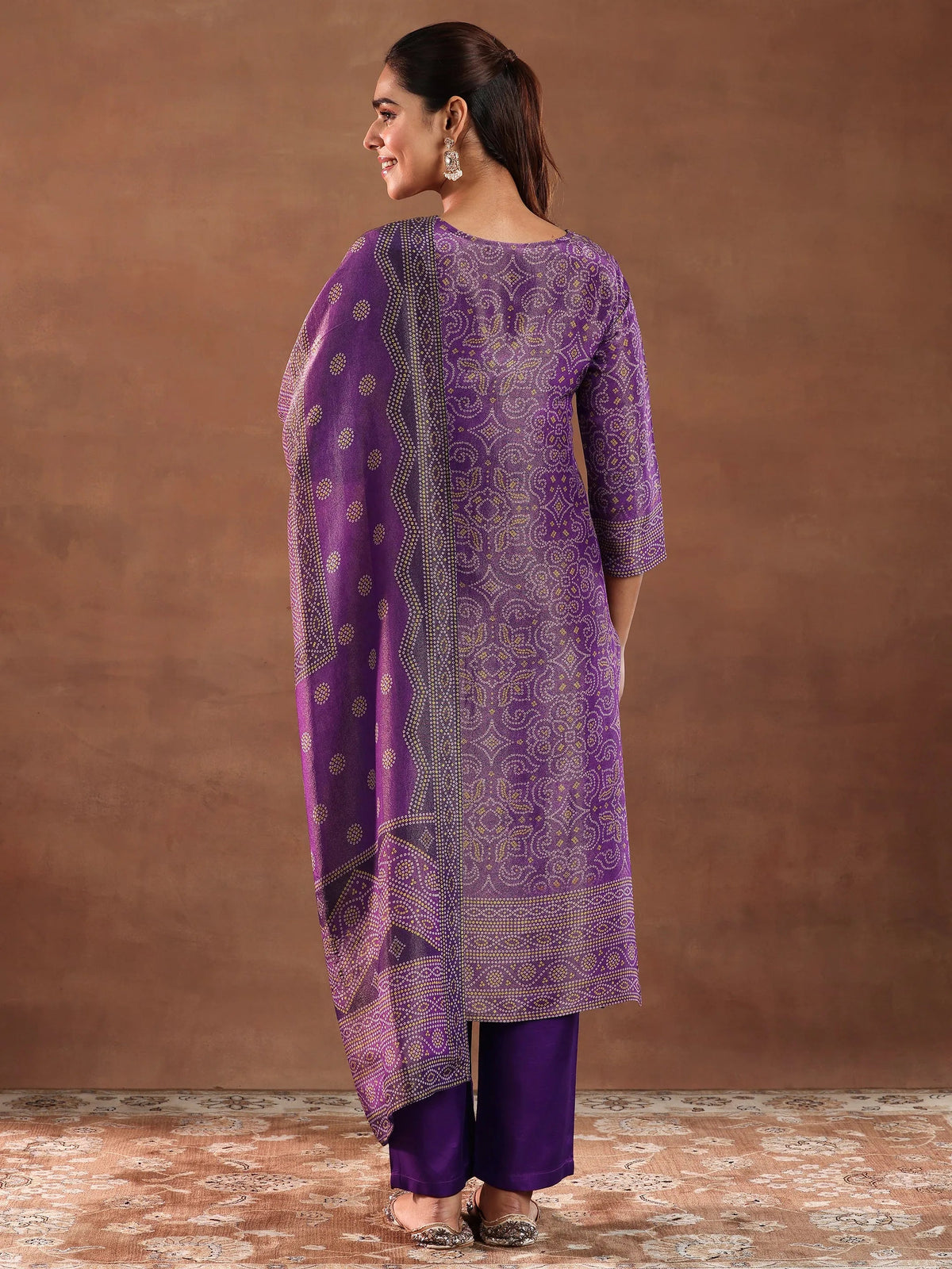 Libas Purple Printed Silk Blend Straight Suit With Dupatta