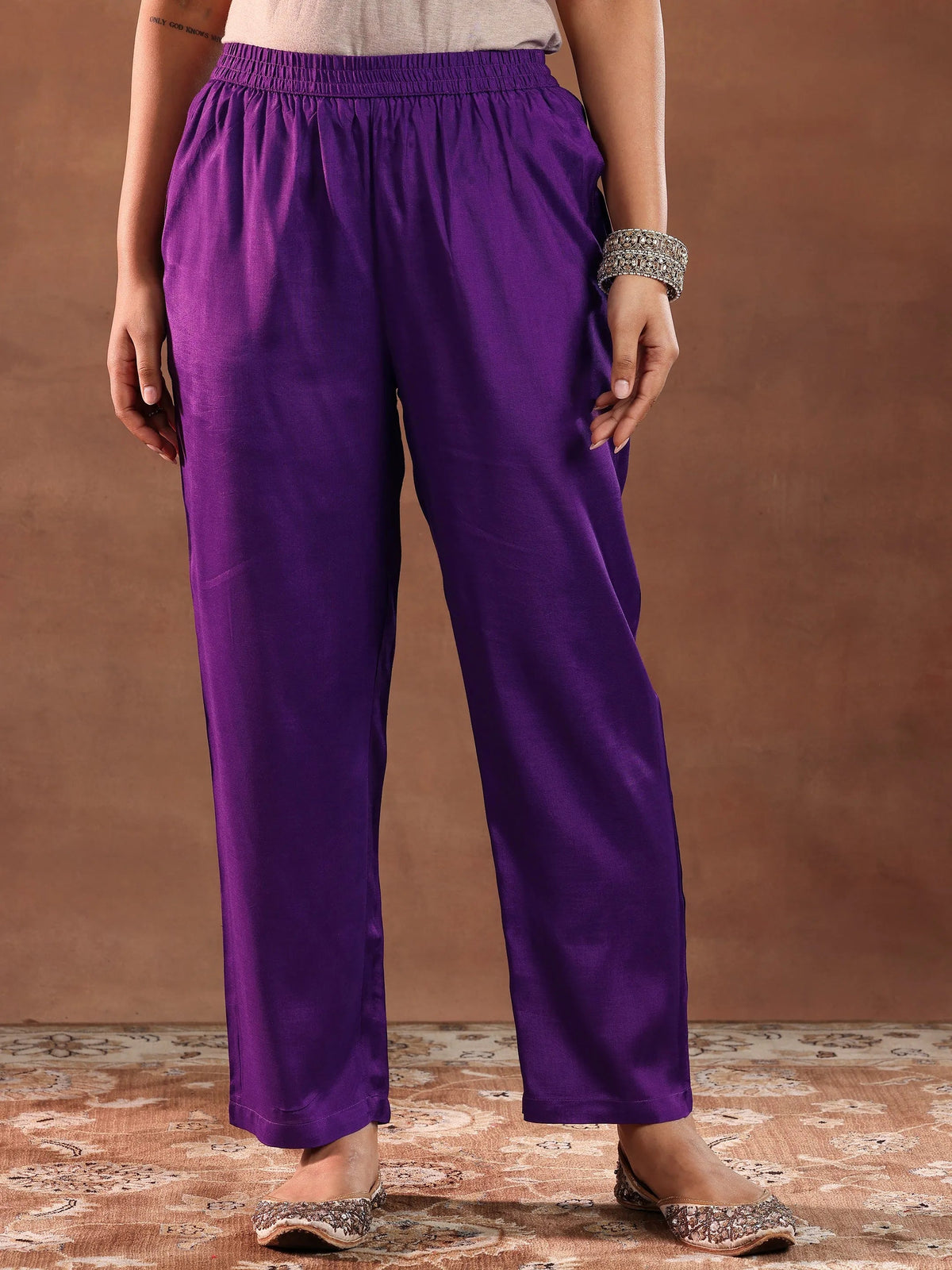 Libas Purple Printed Silk Blend Straight Suit With Dupatta