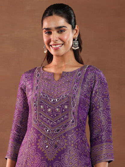 Libas Purple Printed Silk Blend Straight Suit With Dupatta