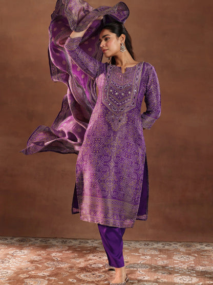 Libas Purple Printed Silk Blend Straight Suit With Dupatta