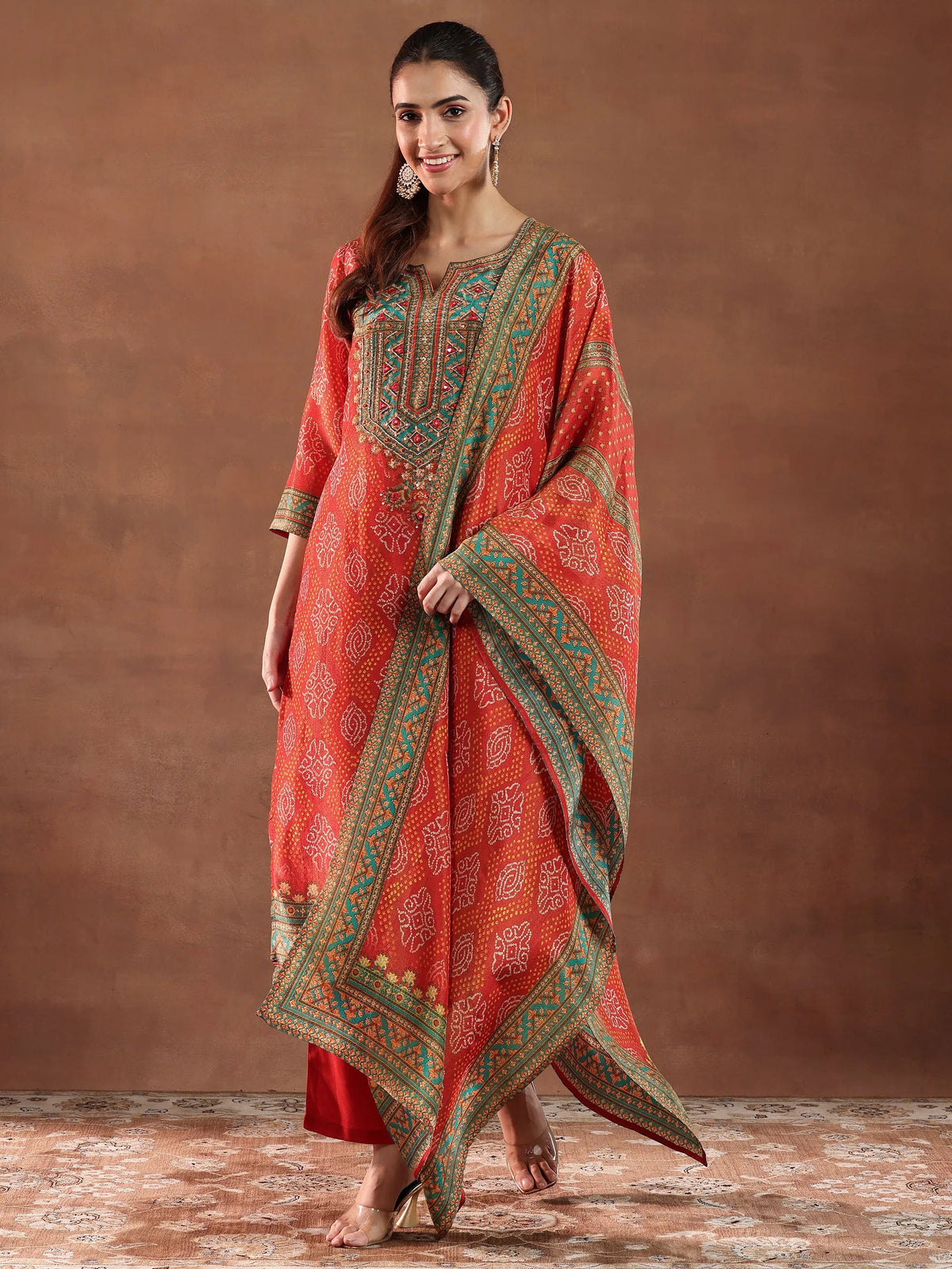 Libas Orange Printed Silk Blend Straight Suit With Dupatta