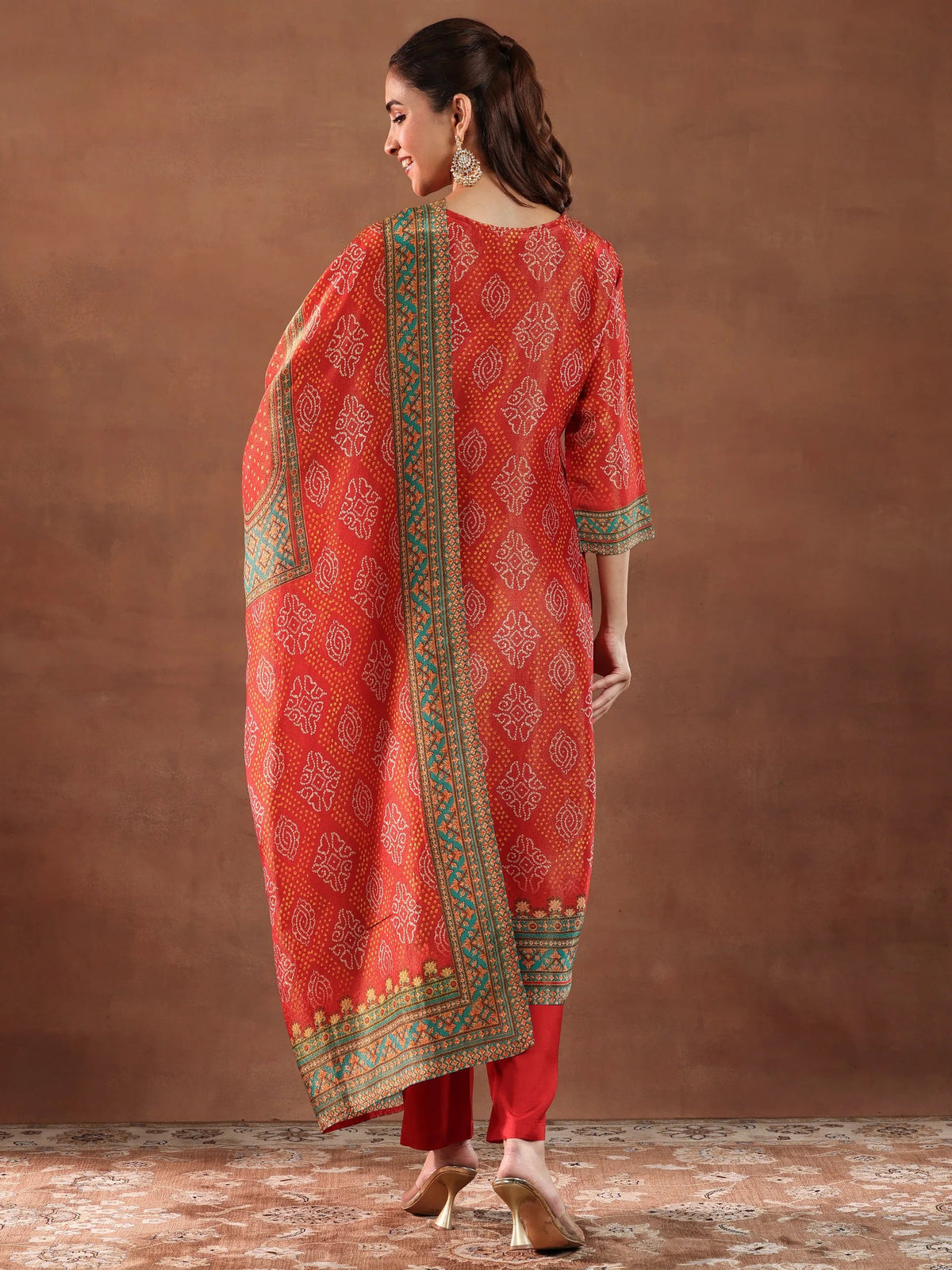 Libas Orange Printed Silk Blend Straight Suit With Dupatta