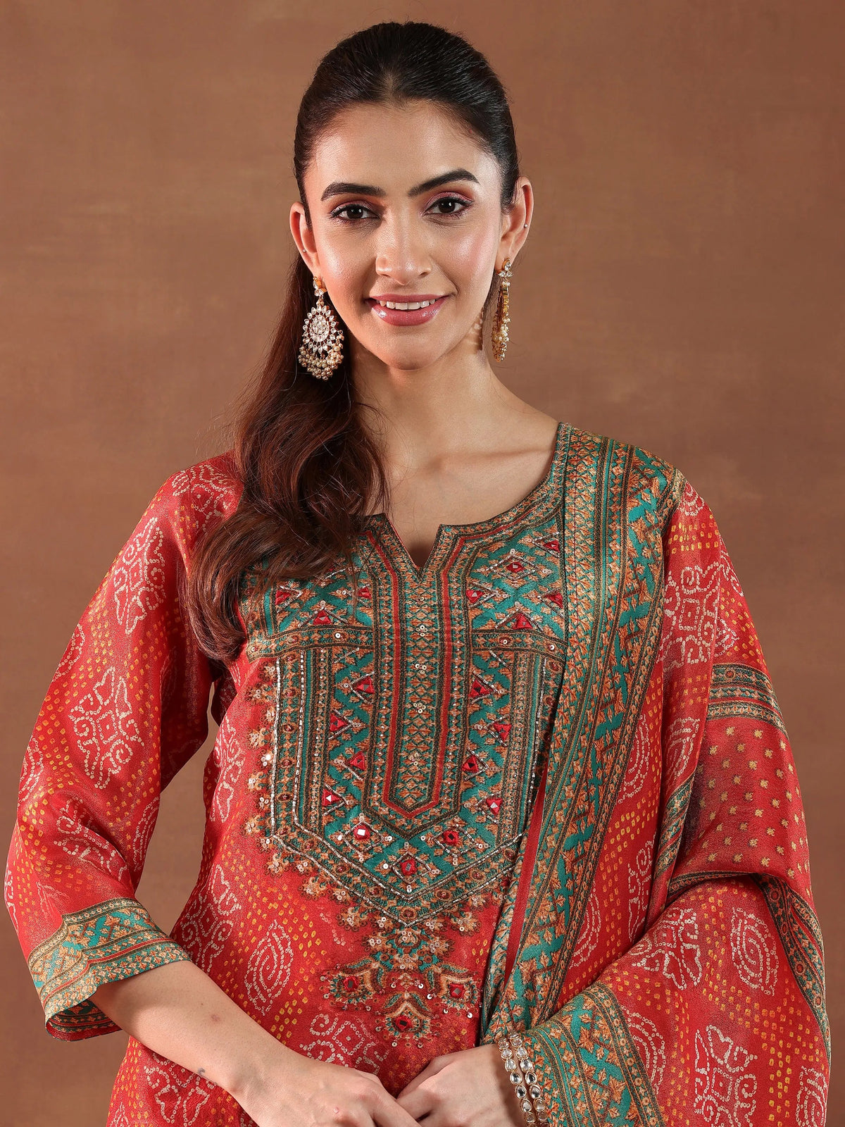 Libas Orange Printed Silk Blend Straight Suit With Dupatta