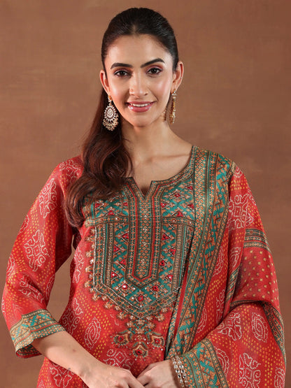 Libas Orange Printed Silk Blend Straight Suit With Dupatta