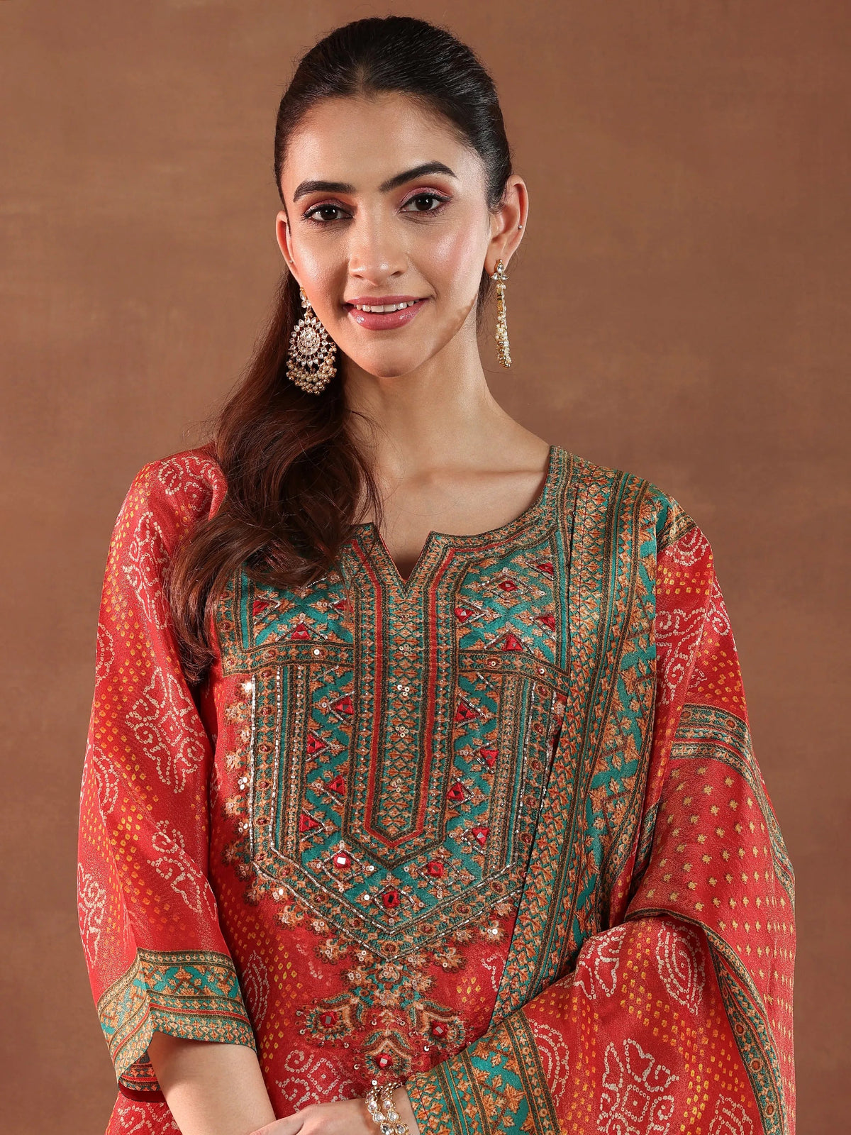 Libas Orange Printed Silk Blend Straight Suit With Dupatta