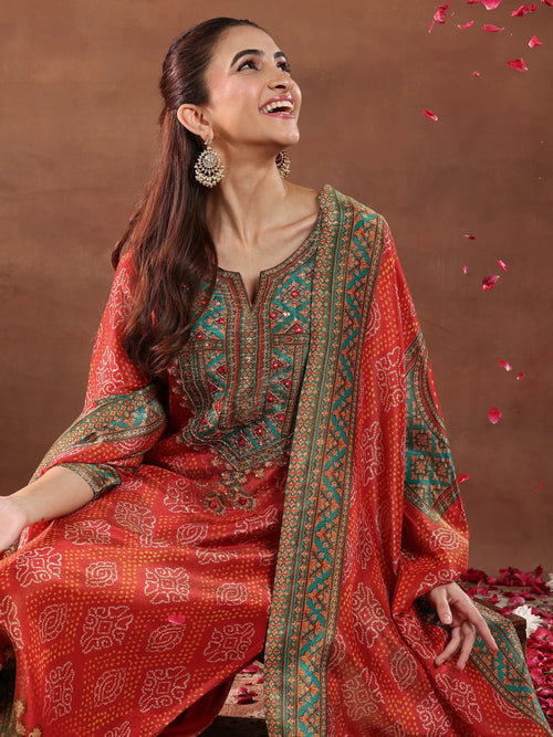 Libas Orange Printed Silk Blend Straight Suit With Dupatta