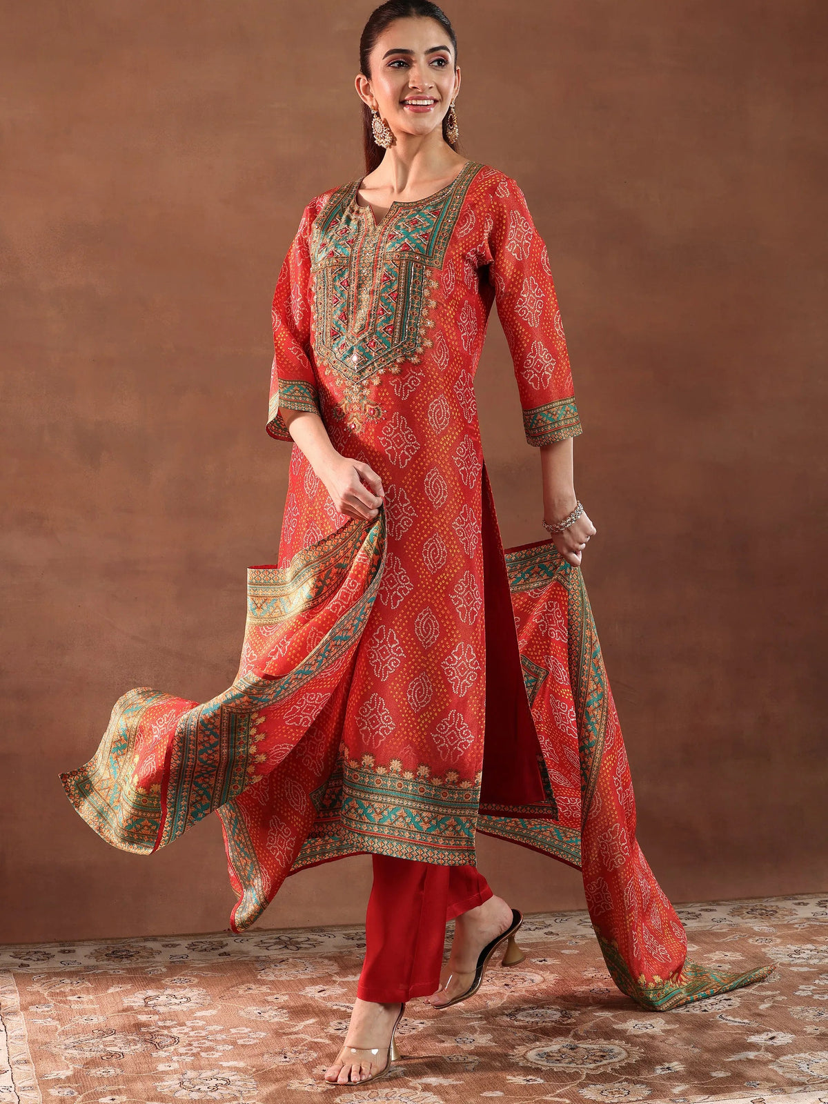 Libas Orange Printed Silk Blend Straight Suit With Dupatta