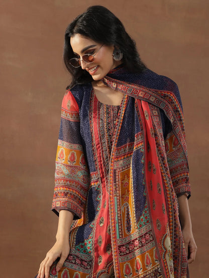 Libas Multicoloured Printed Organza Straight Suit Set With Dupatta