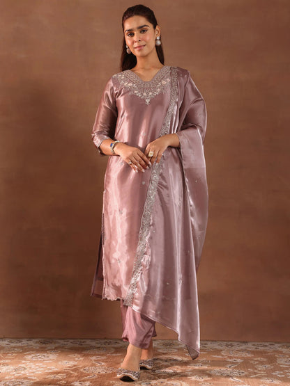 Libas Mauve Yoke Design Tissue Straight Suit With Dupatta