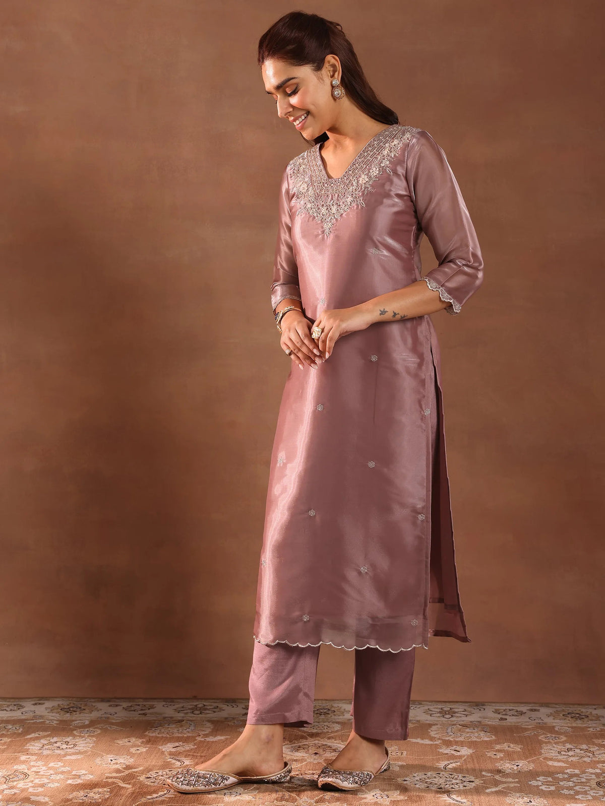 Libas Mauve Yoke Design Tissue Straight Suit With Dupatta