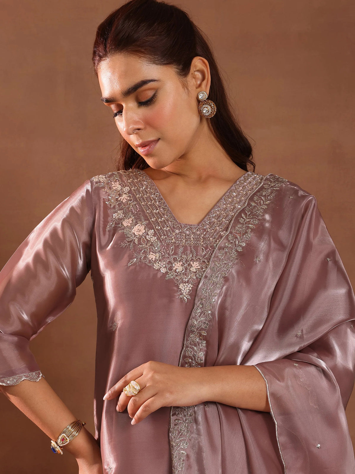 Libas Mauve Yoke Design Tissue Straight Suit With Dupatta