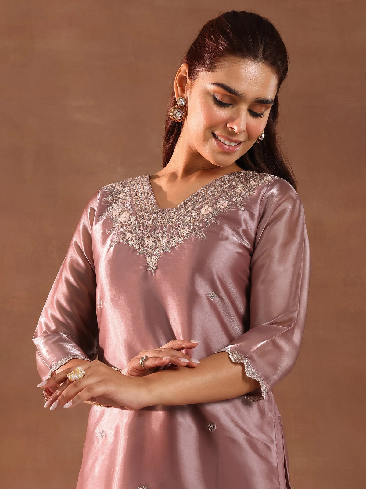 Libas Mauve Yoke Design Tissue Straight Suit With Dupatta