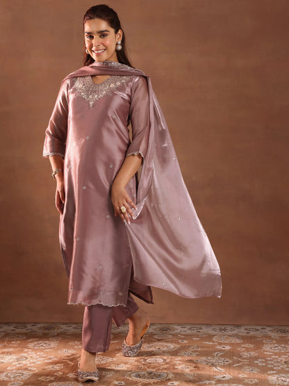 Libas Mauve Yoke Design Tissue Straight Suit With Dupatta