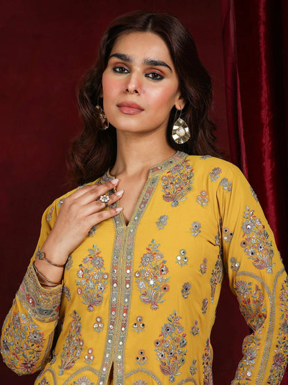 Libas Art Mustard Embroidered Georgette Straight Suit With Dupatta