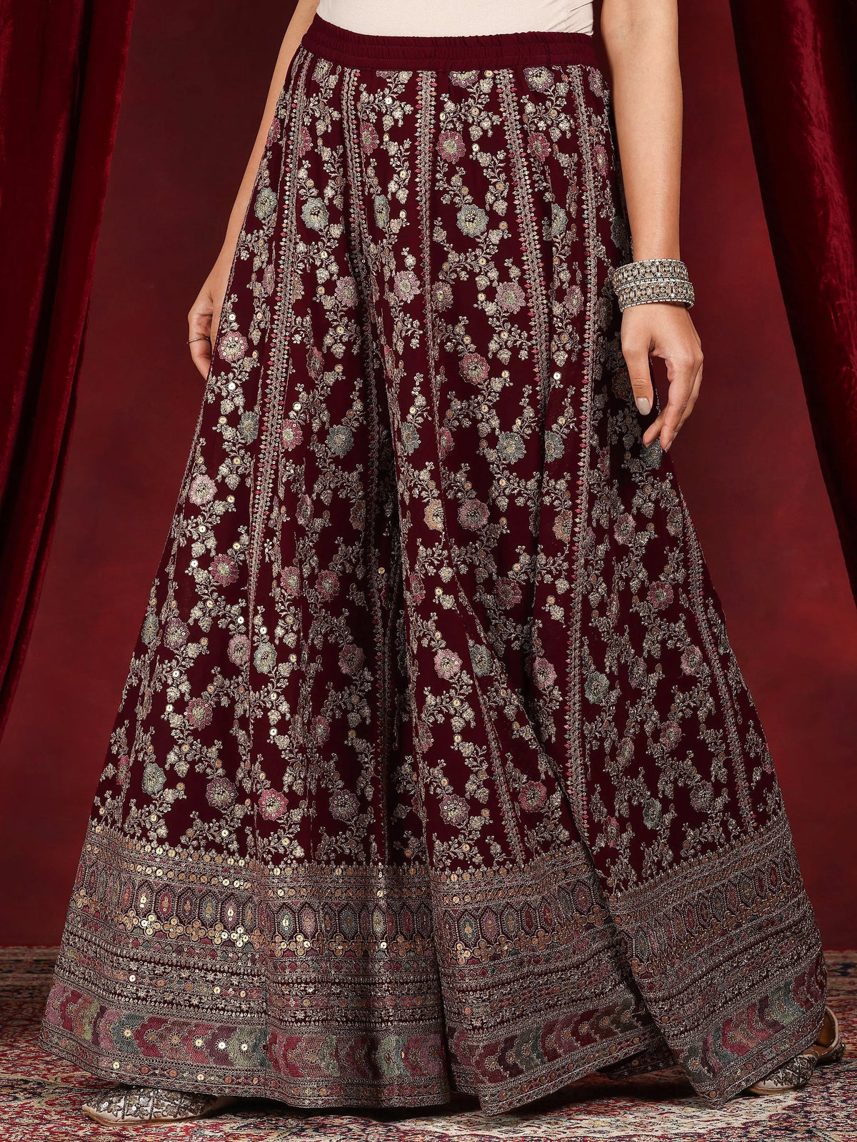 Libas Art Maroon Embroidered Georgette Straight Suit With Dupatta