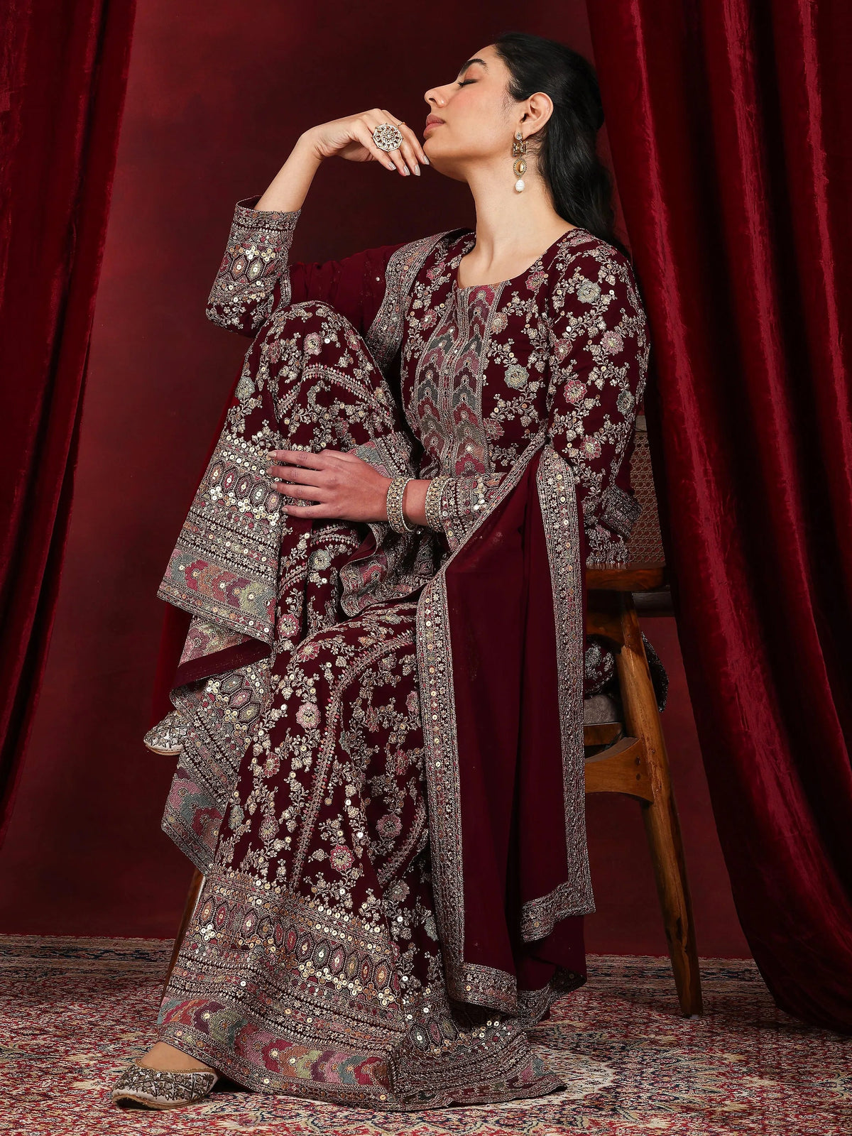 Libas Art Maroon Embroidered Georgette Straight Suit With Dupatta