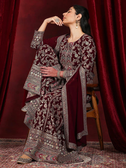 Libas Art Maroon Embroidered Georgette Straight Suit With Dupatta
