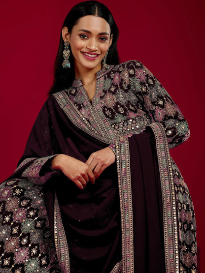 Libas Art Wine Embroidered Georgette 3 Piece Co-Ord Sets With Dupatta