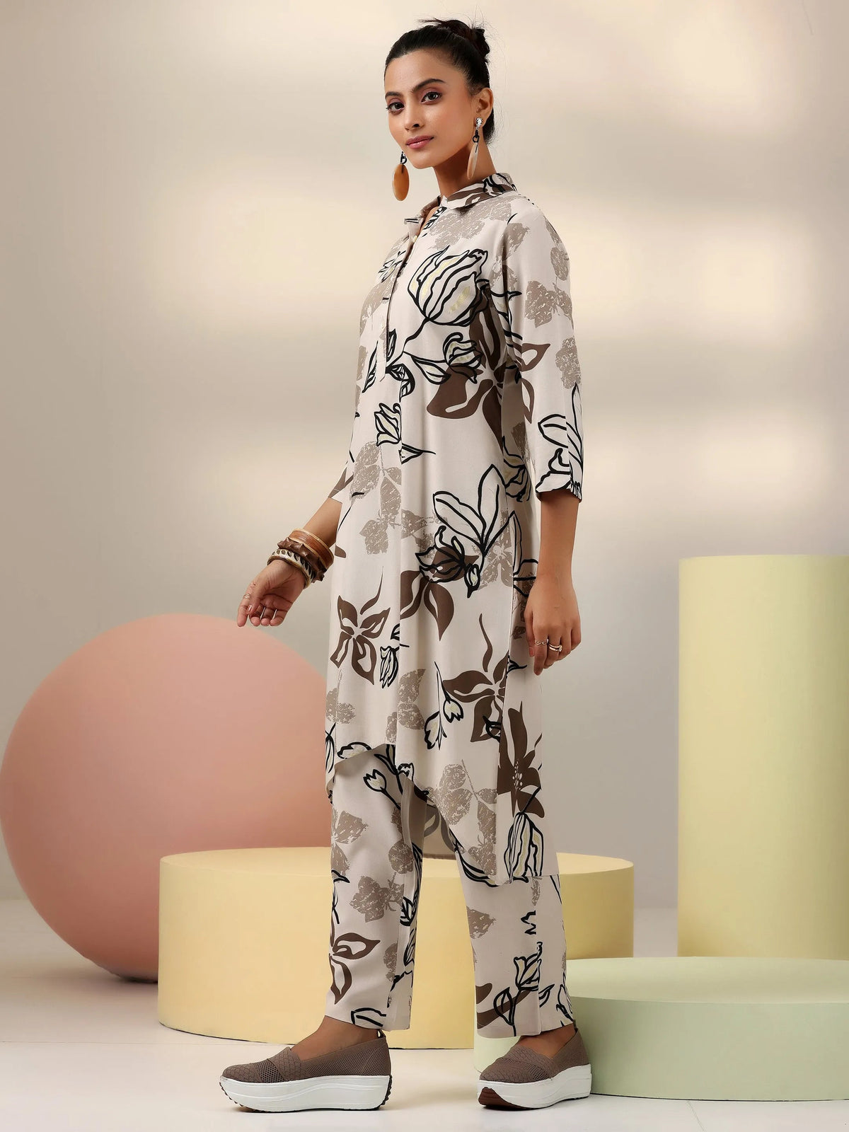 Libas Beige Printed Rayon Co-Ords