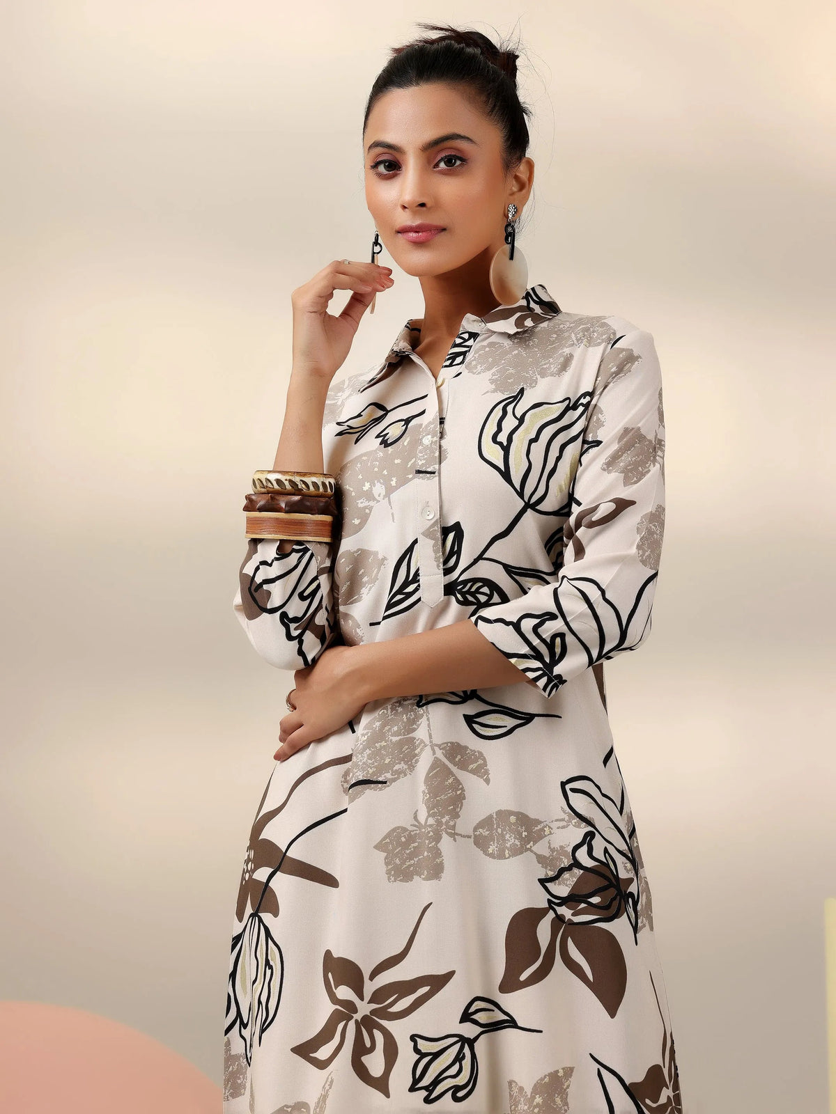 Libas Beige Printed Rayon Co-Ords