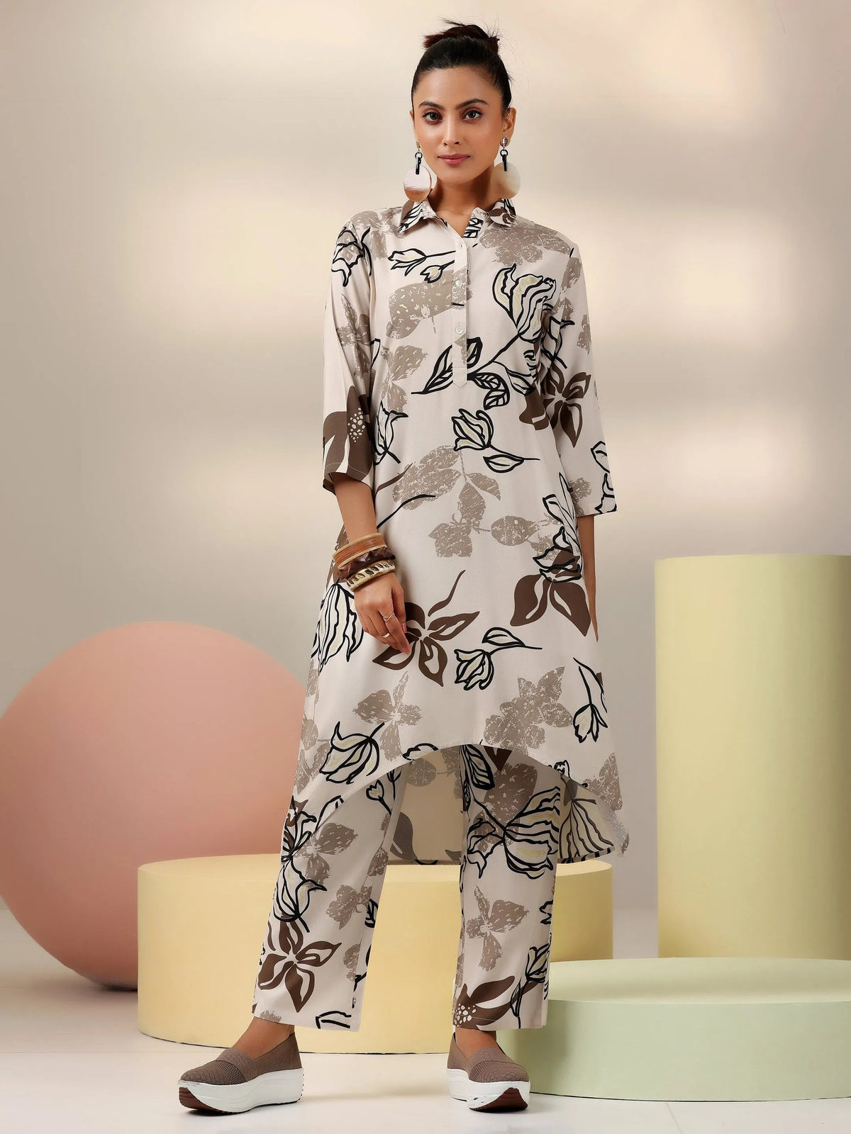 Libas Beige Printed Rayon Co-Ords